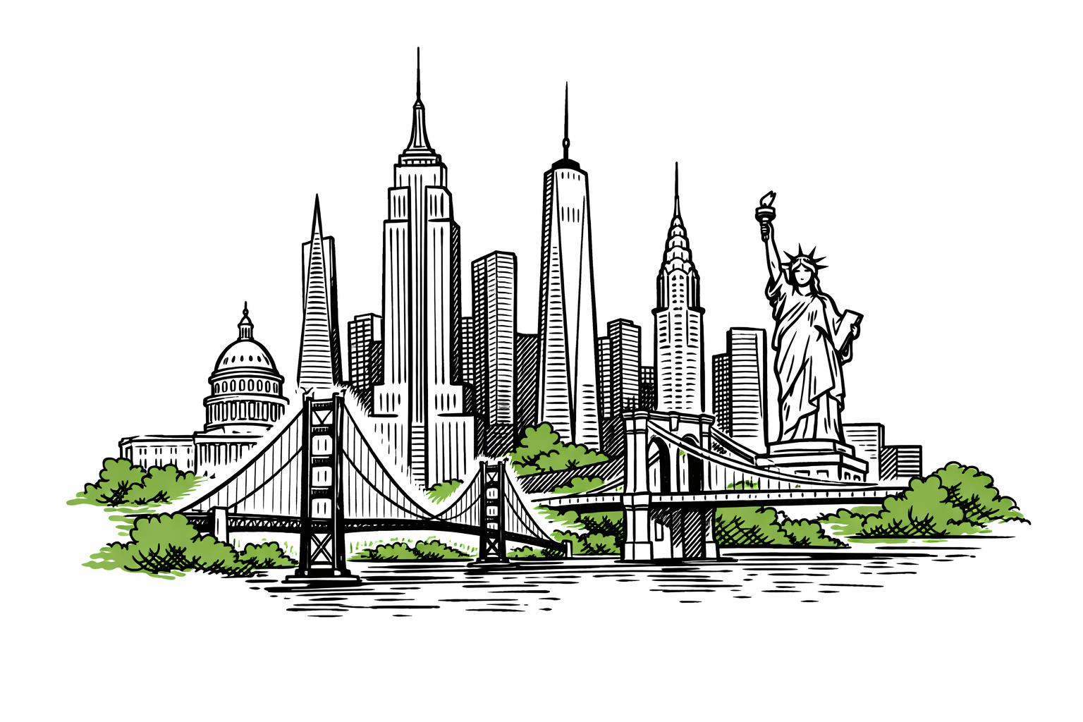 Illustration of iconic U.S. city landmarks